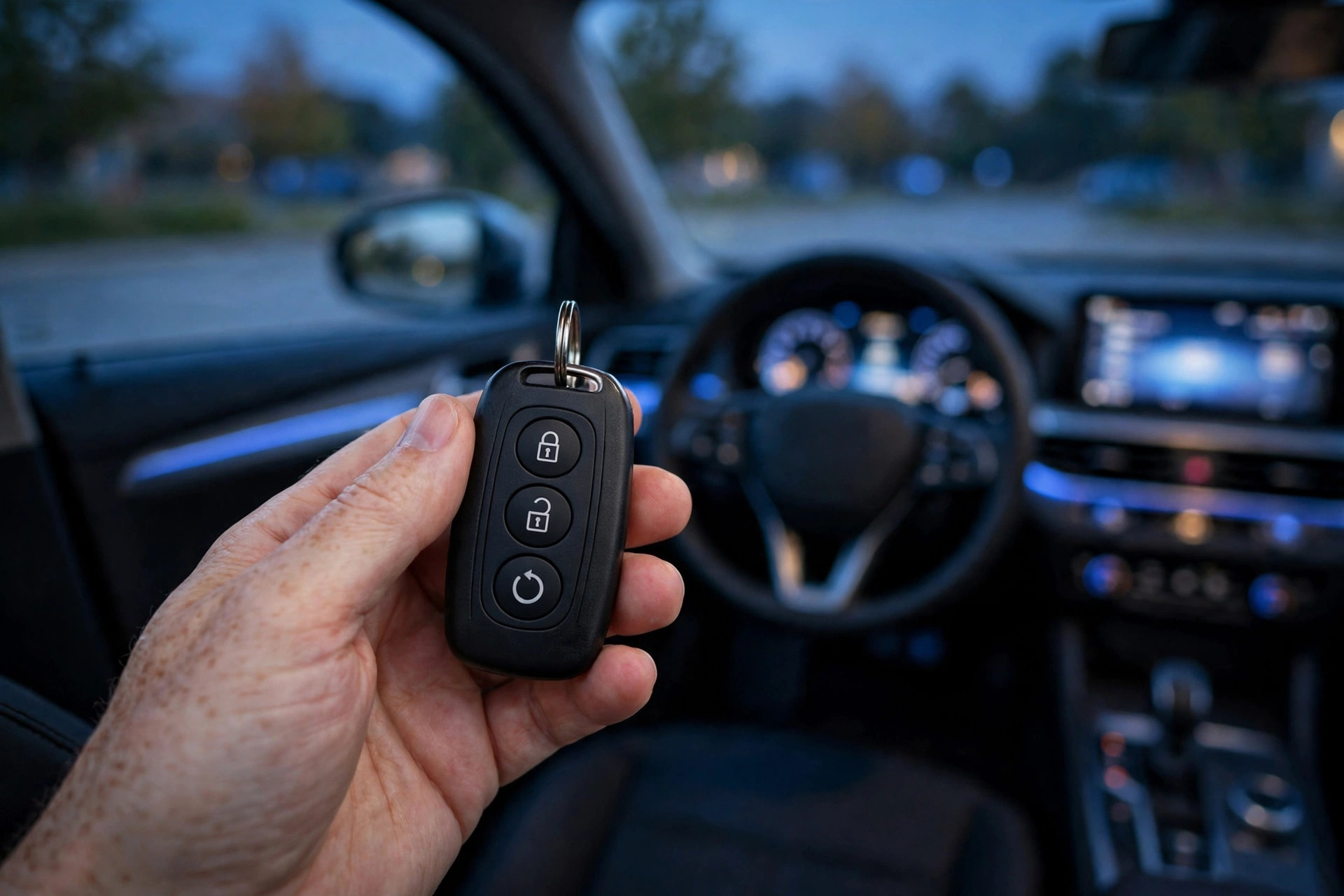 Remote start key fob beside a car at dusk