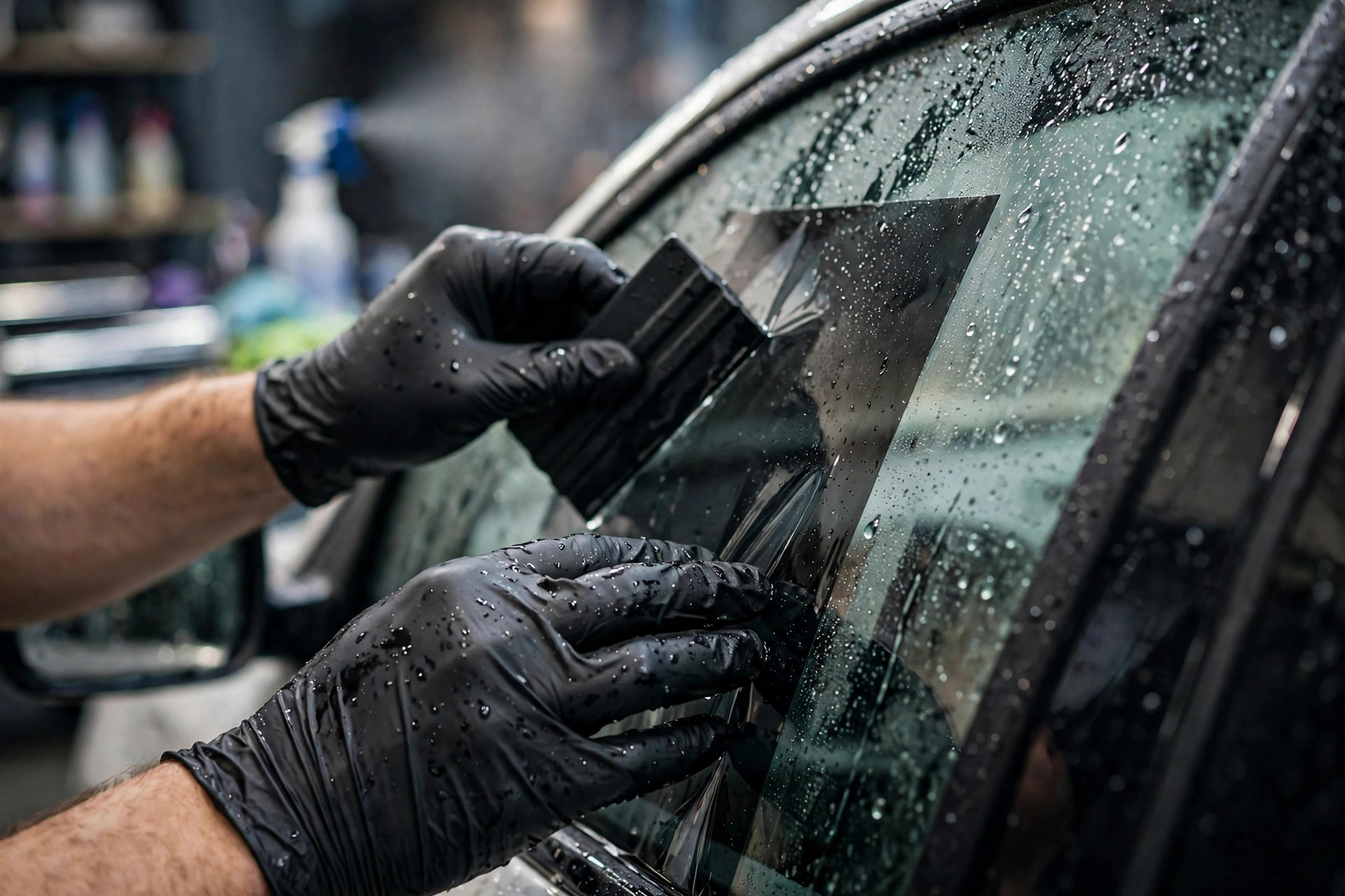 Technician applying window film